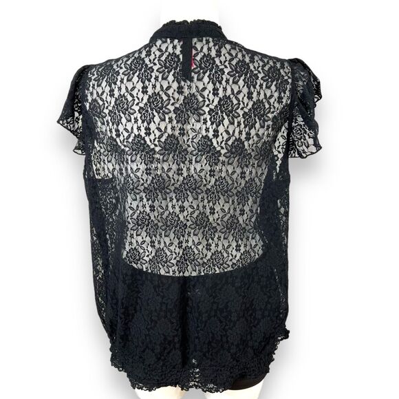 Pure Energy Womens Blouse Top Shirt Sheer Lace Ruffled Pullover Black Size 4 - Picture 5 of 9
